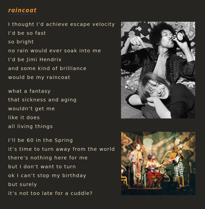 raincoat poem, Jimi Hendrix, Kathy Etchingham, Hughie's guitar solo, Snapdragon Circus 1991
